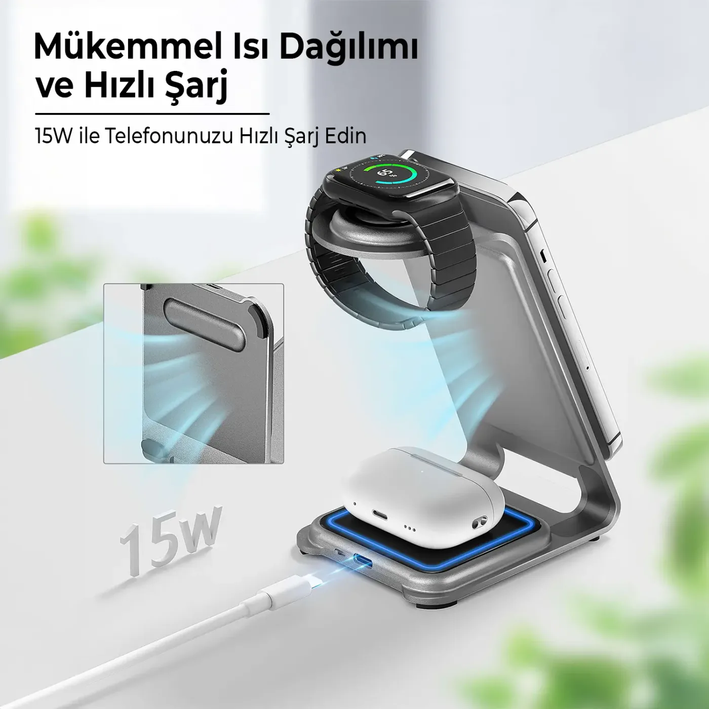BXMW3 15W 3’ü 1 Arada iPhone Apple Watch AirPods Uyumlu