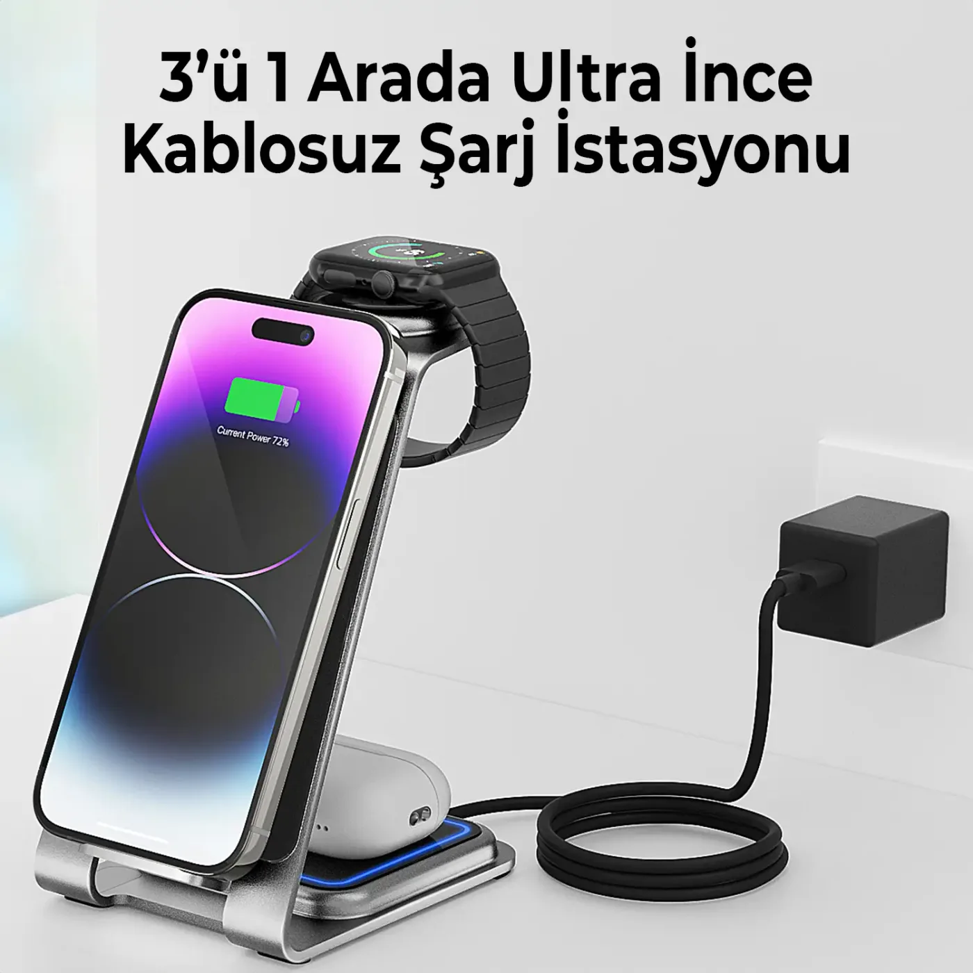 BXMW3 15W 3’ü 1 Arada iPhone Apple Watch AirPods Uyumlu