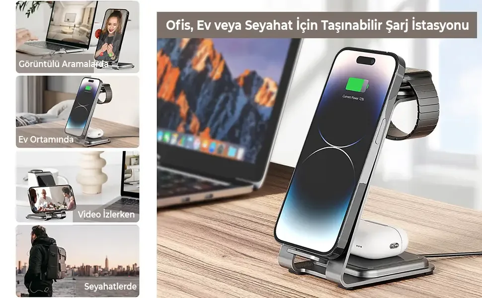 BXMW3 15W 3’ü 1 Arada iPhone Apple Watch AirPods Uyumlu