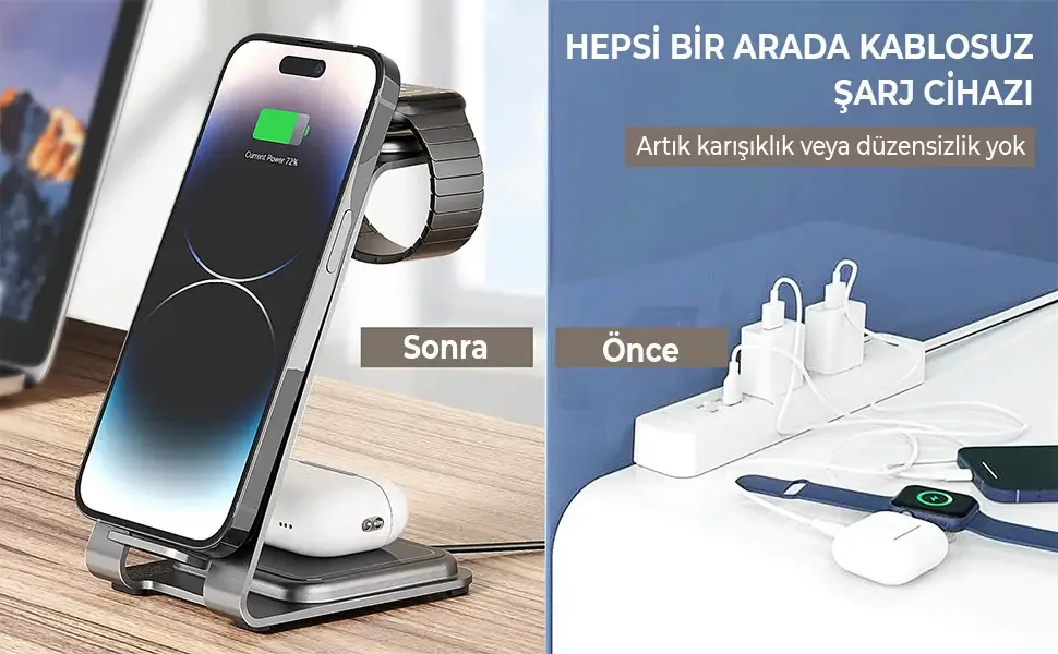 BXMW3 15W 3’ü 1 Arada iPhone Apple Watch AirPods Uyumlu