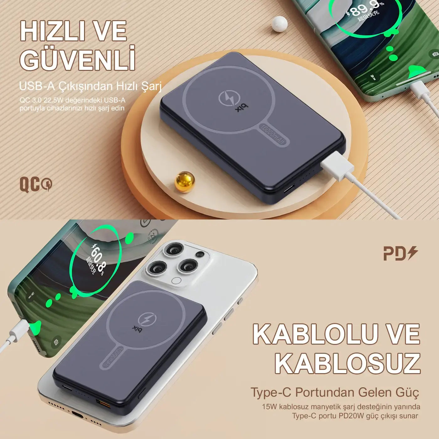 PB109 10000mAh Type-C PD20W USB-A QC 22.5W ve 15W
