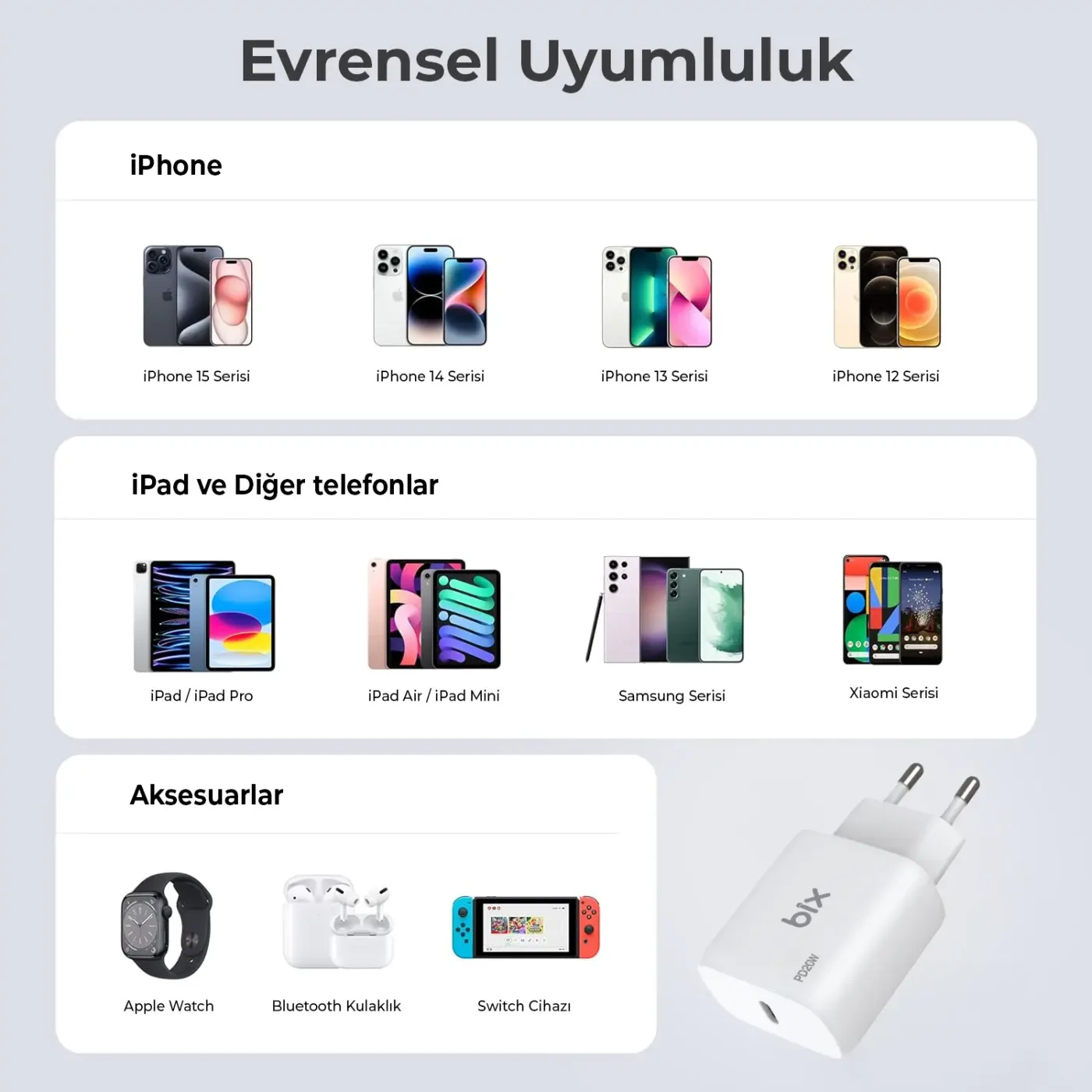 BXT21 20W PD Hızlı Şarj Adaptörü Beyaz