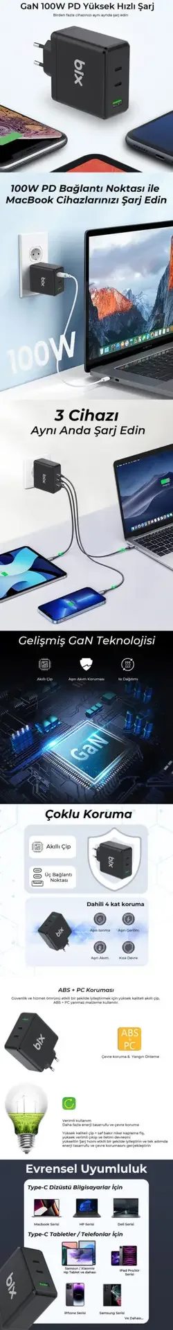BX3P100G GaN 100W PD 2* Type-C & 1* USB-A Girişli