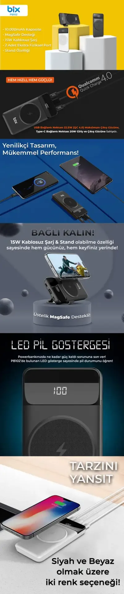 PB102 10000 mAh USB PD QC 4.0 Kablosuz Şarj Powerbank