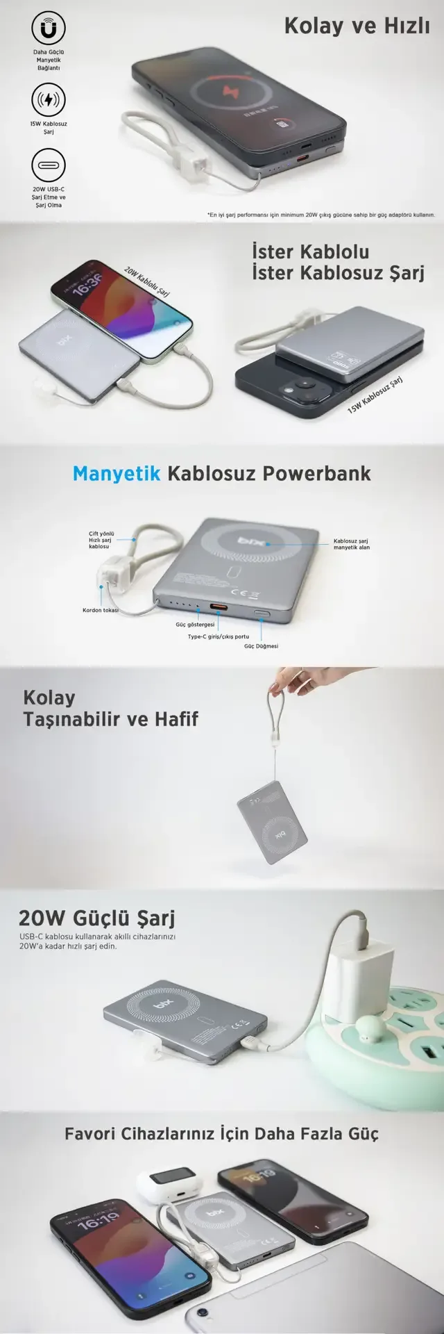 PB114 5000mAh 20W Dahili Type-C Kablolu 15W Manyetik