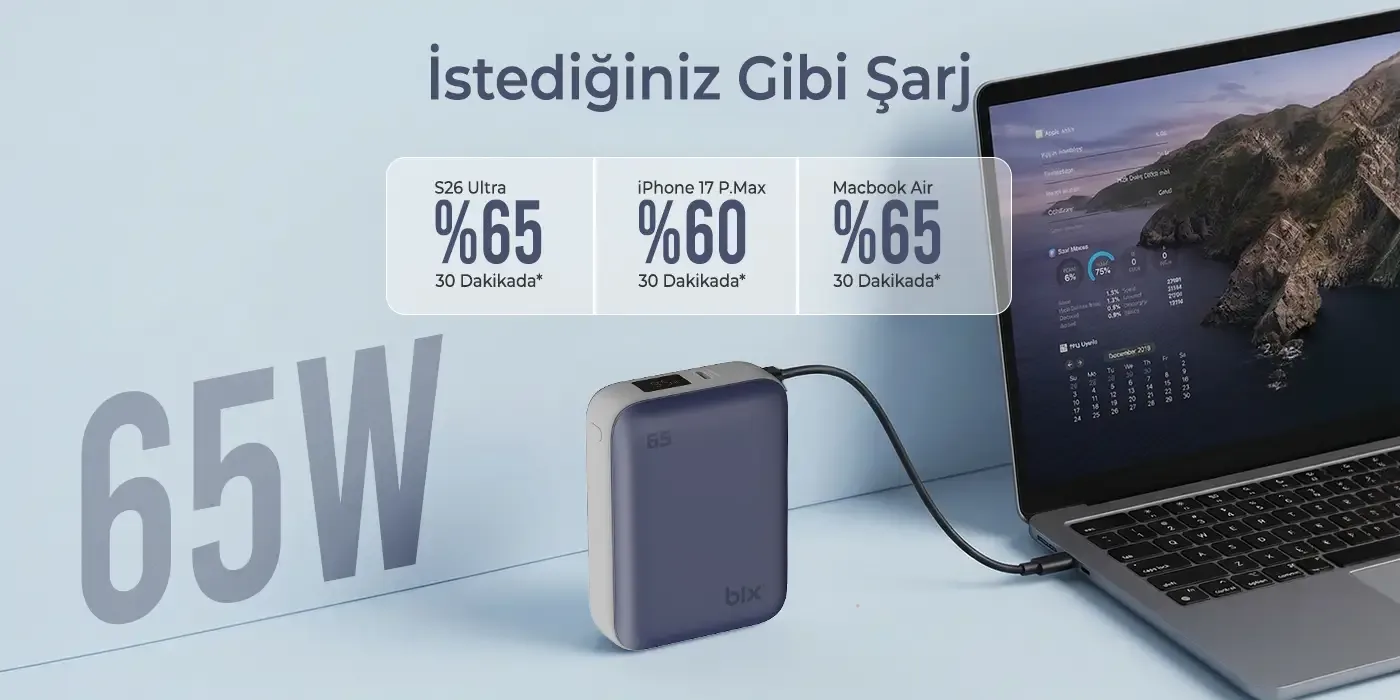 PB120 20000mAh PD 65W Cep Boyu Kompakt Tasarımlı