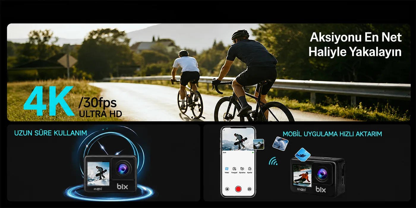 Bix Pulse 1 Wi-Fi 4K 30FPS HD Aksiyon Kamerası Çift