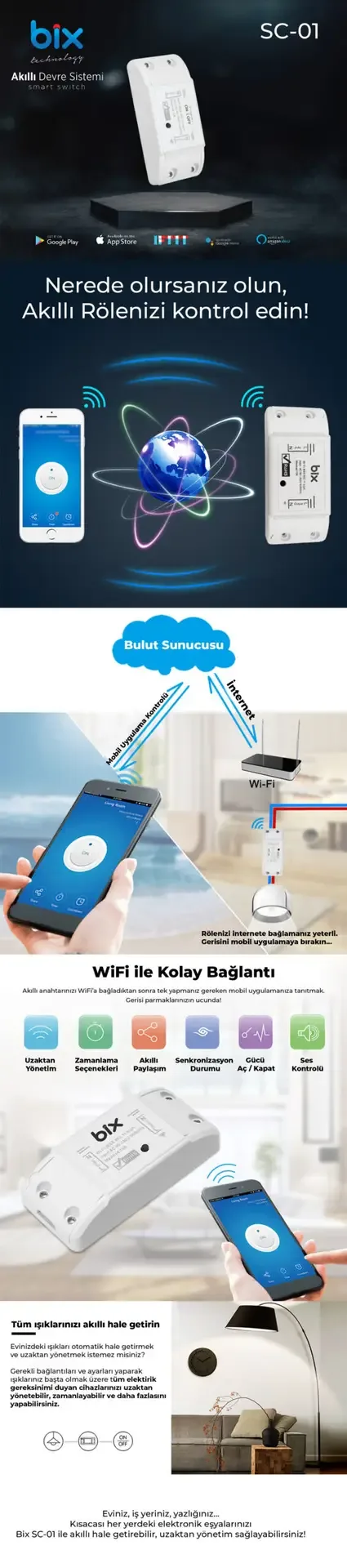 SC-01 WiFi Kontrollü Akıllı Röle Zamanlama ve Sesli