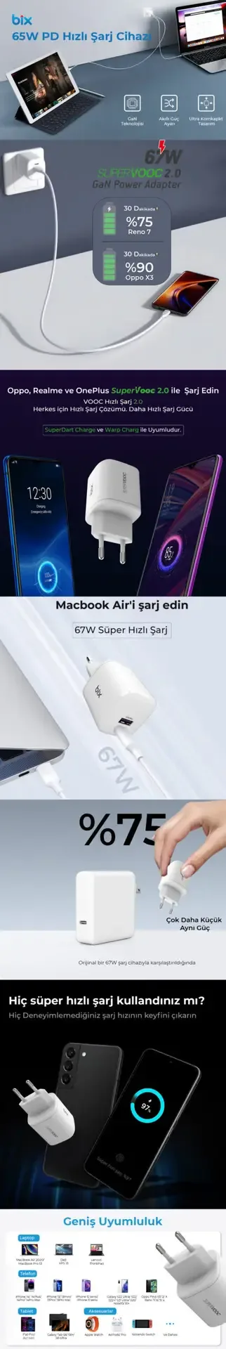 SV67 67W GaN SuperVooc 2.0 Type-C ve USB-A Çift