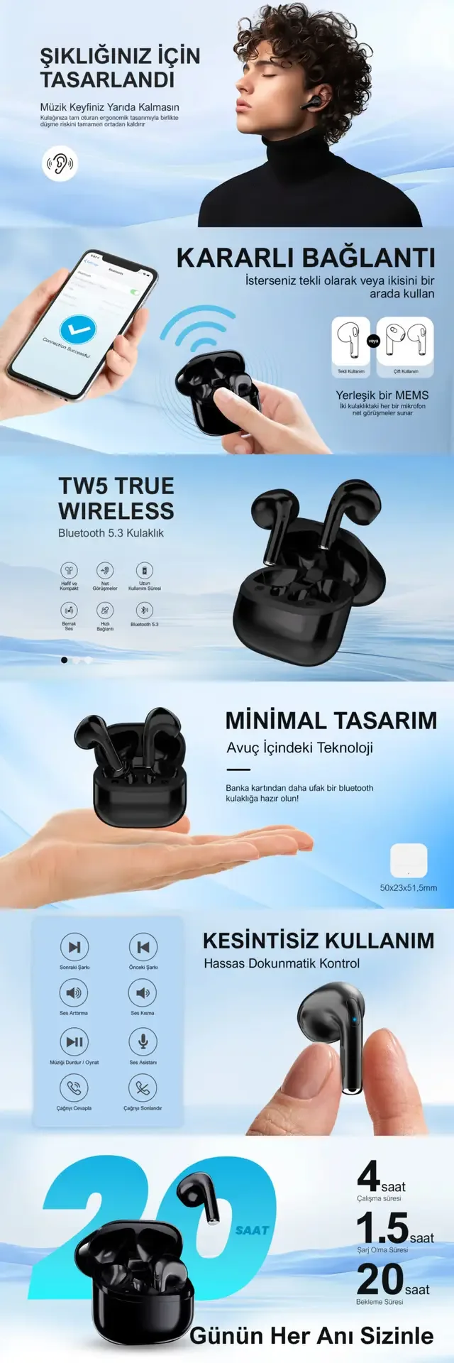 TW5 Soundcraft Bluetooth 5.3 Çift Mikrofonlu TWS