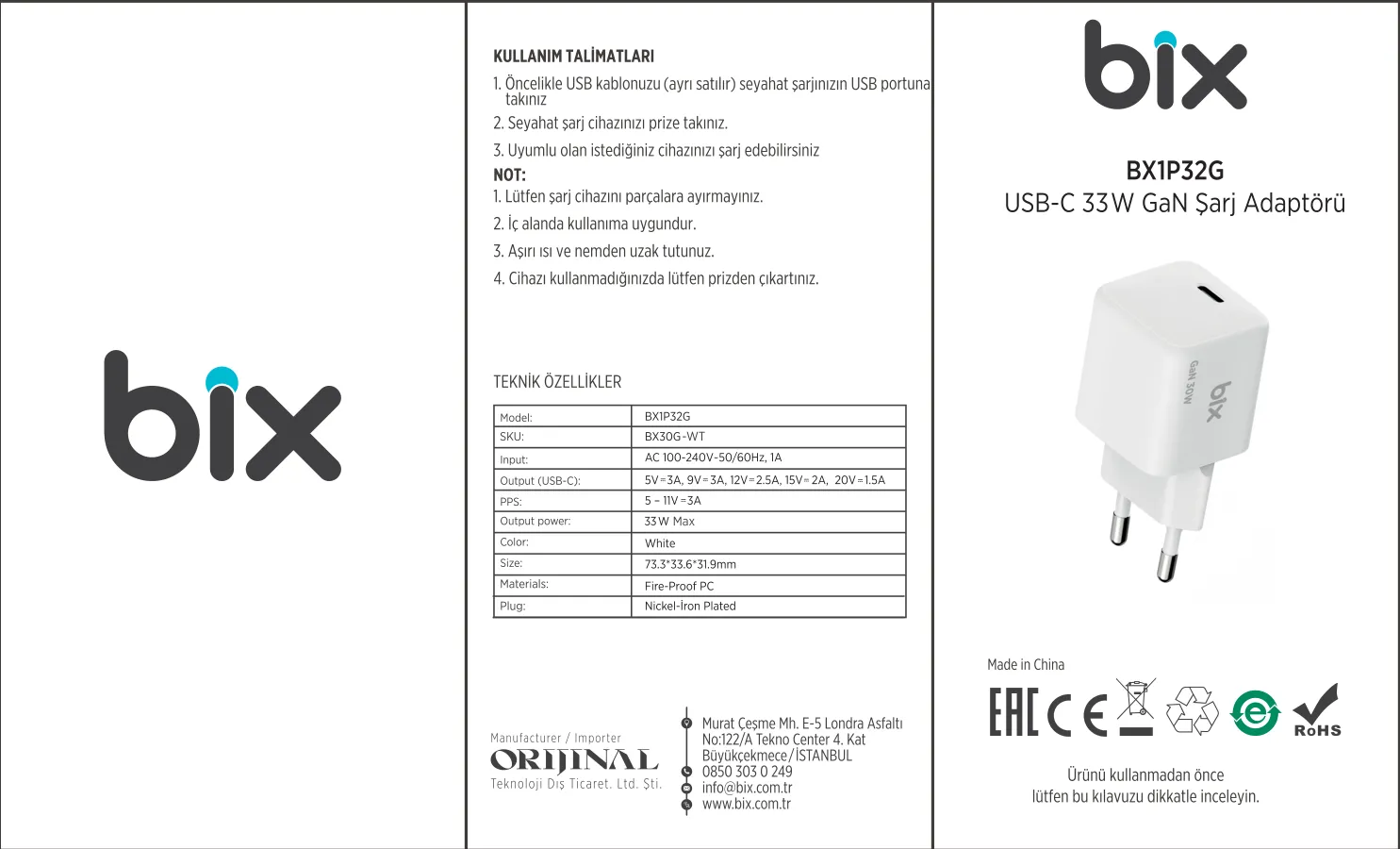 BX1P32G GaN 33W Type-C PD Hızlı Şarj Cihazı ve 1.2 kullanım kılavuzu — sayfa 1