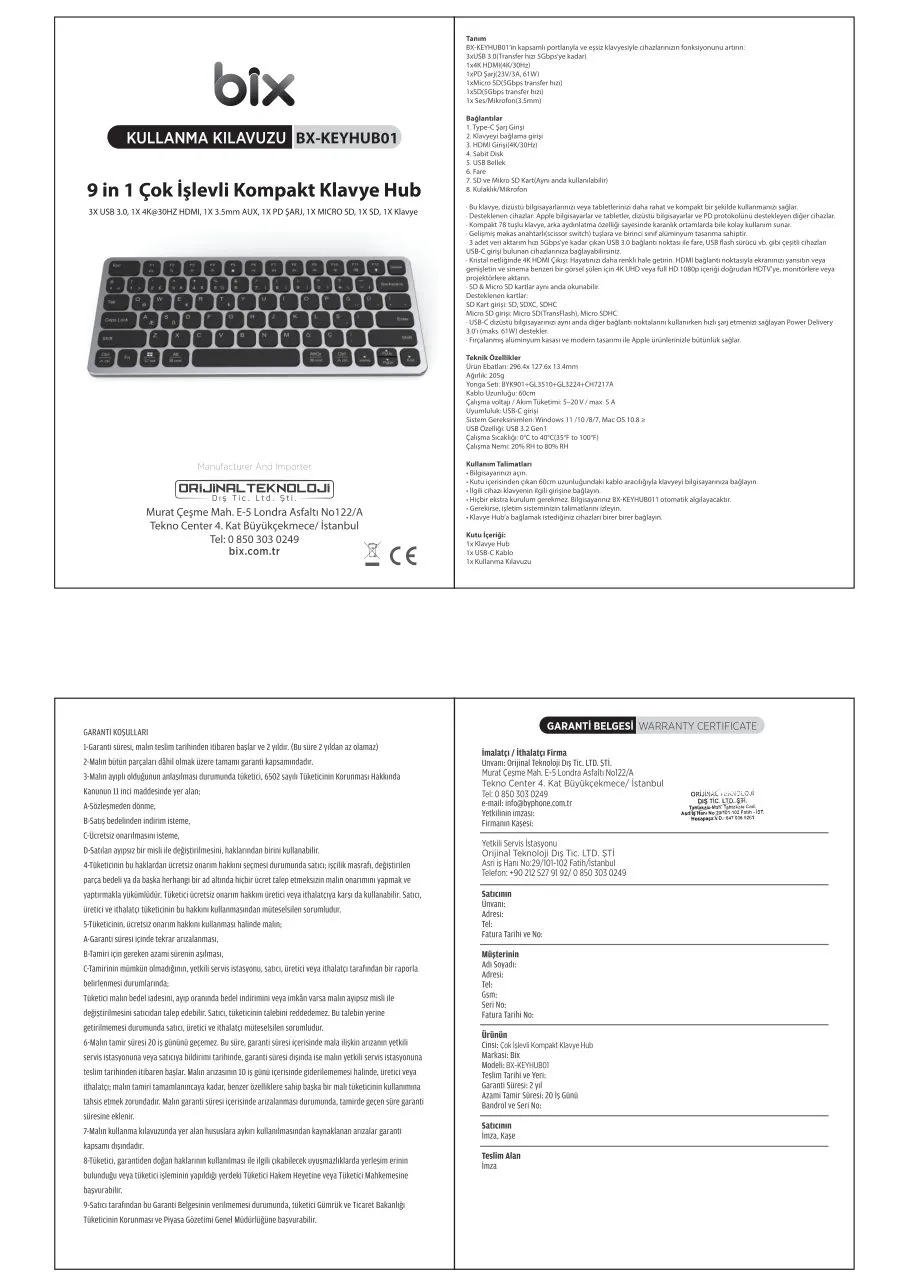 Bix BX-KEYHUB01 9'u 1 Arada Hub'lı Klavye kullanım kılavuzu — sayfa 1