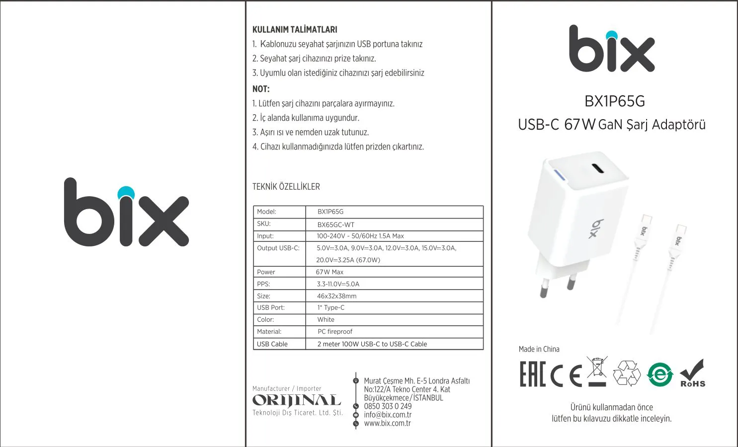 Bix BX1P65G 67W USB-C GaN Şarj Adaptörü kullanım kılavuzu — sayfa 1
