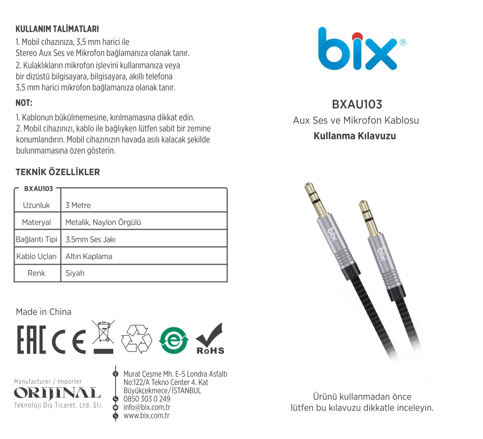 BXAU102 3.5mm Erkek to Erkek Örgülü TRS Stereo Aux Ses kullanım kılavuzu — sayfa 1