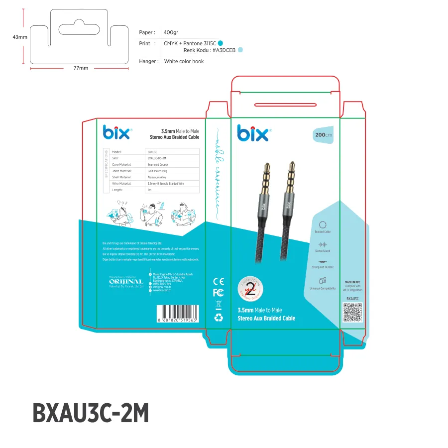 BXAU3C Hi-Fi 3.5mm Erkek to Erkek Örgülü Aux Ses kullanım kılavuzu — sayfa 1