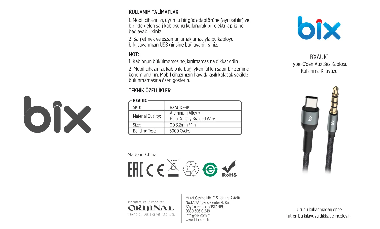 BXAU1C Type-C 3.5mm Aux Hi-Fi Ses Kablosu 1.5 Metre kullanım kılavuzu — sayfa 1