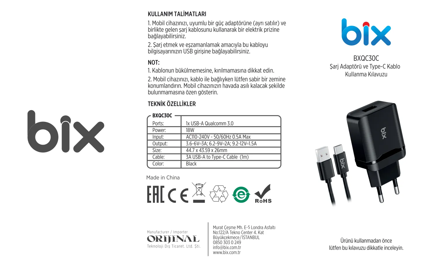 BXQC18C 18W QC 3.0 Hızlı Şarj Cihazı ve Type-C USB kullanım kılavuzu — sayfa 1
