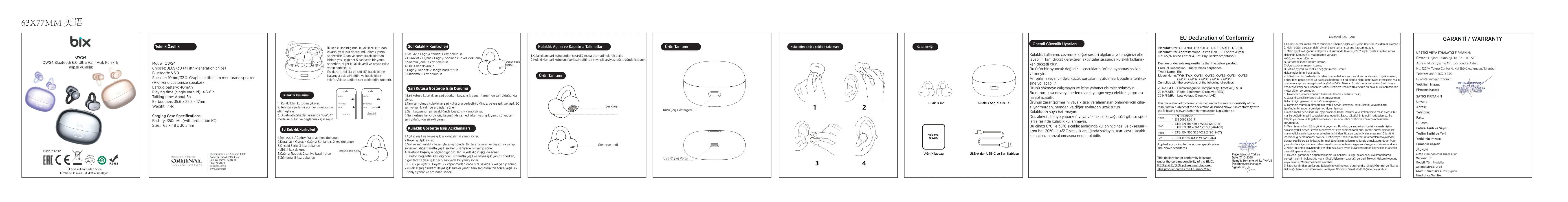 Bix OWS4 Bluetooth 6.0 IPX5 Open-Ear Kulaklık kullanım kılavuzu — sayfa 1