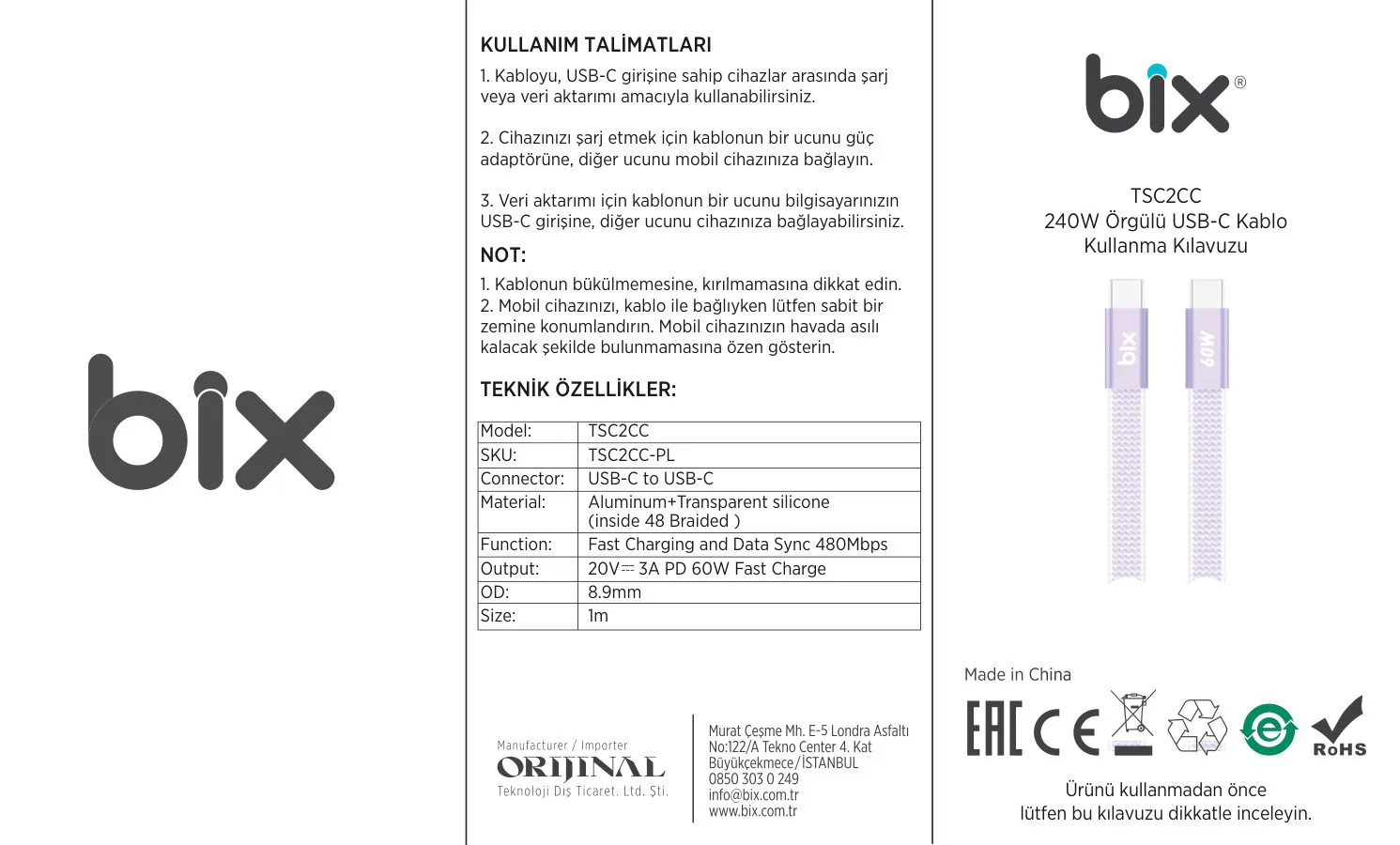 Bix TSC2CC 60W Type-C Örgülü Şarj Kablosu 1 m kullanım kılavuzu — sayfa 1