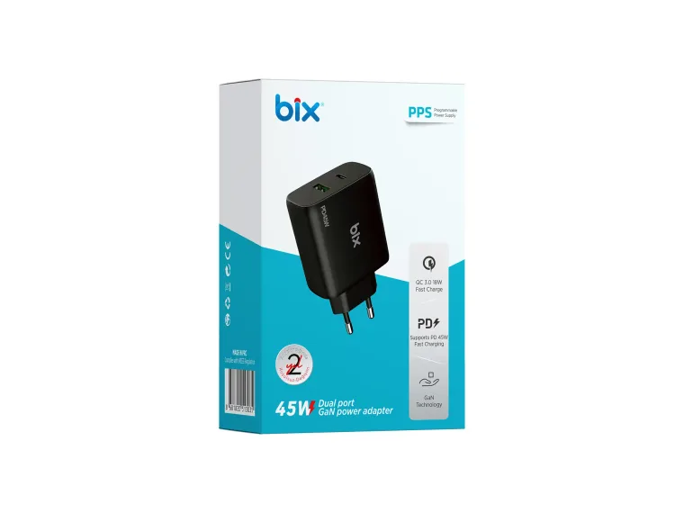 BX2P45G GaN PD 45W Type-C ve USB-A QC 18W Çift Portlu — görsel 5