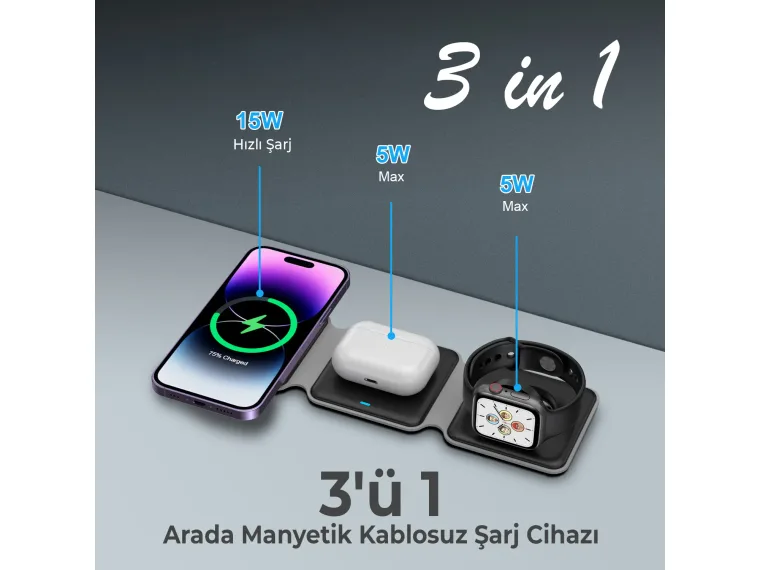 BXMW2 15W 3’ü 1 Arada iPhone Apple Watch AirPods Uyumlu — görsel 5