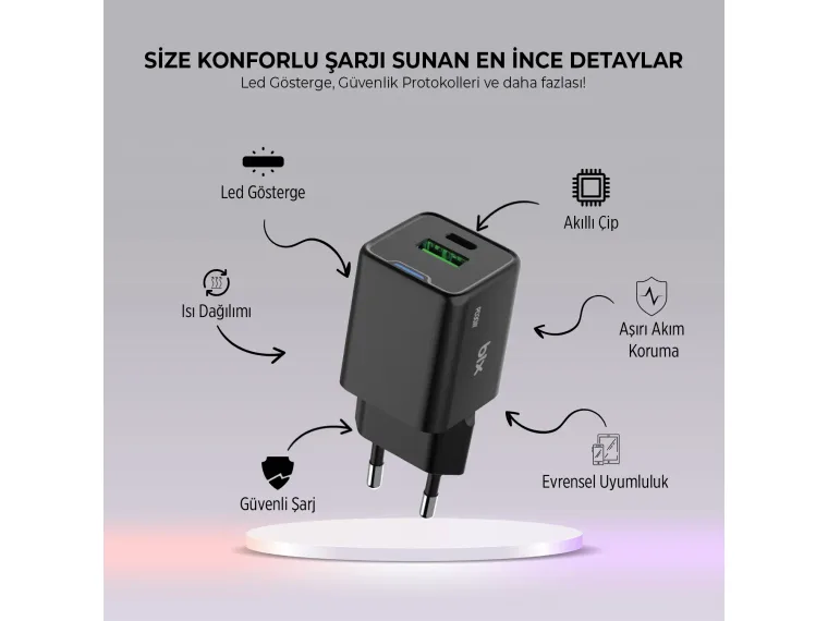 BX2P30G GaN PD 30W Type-C ve USB-A QC 18W Çift Portlu — görsel 7