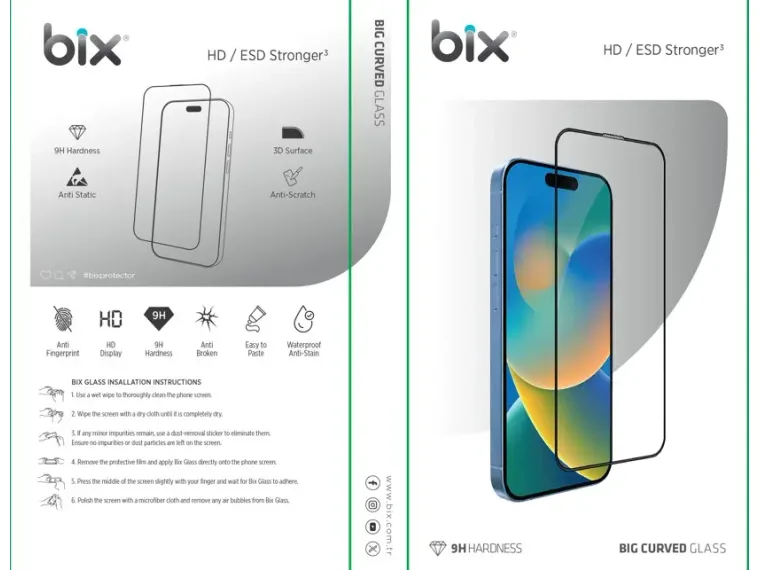 Bix HD/ESD Stronger³ Big Curved Glass 9H Sertlik, 3D — görsel 3