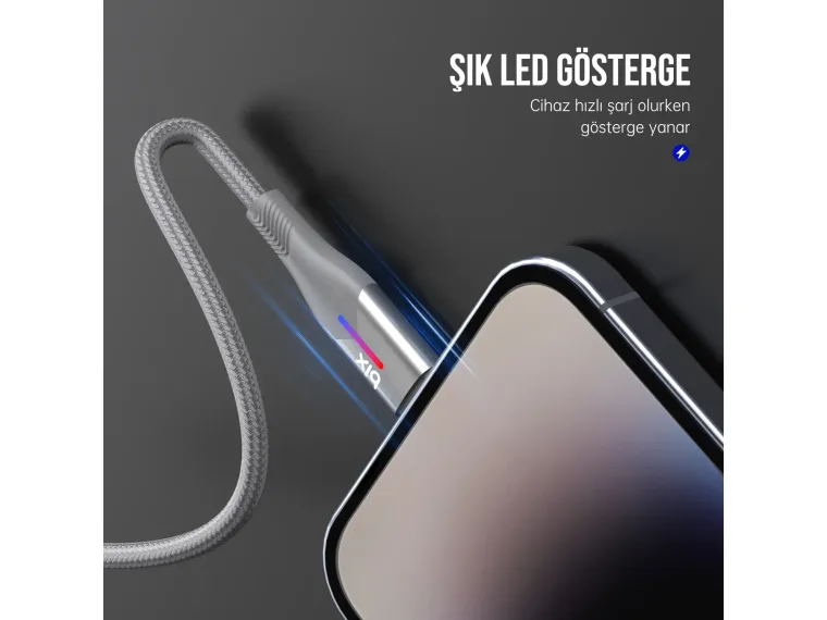 BX04CL Type-C to Lightning iPhone 27W Örgülü LED Işıklı — görsel 4