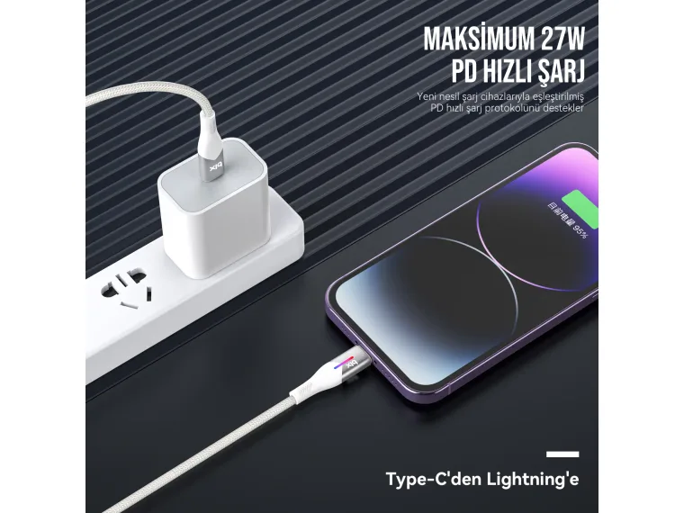 BX04CL Type-C to Lightning iPhone 27W Örgülü LED Işıklı — görsel 5