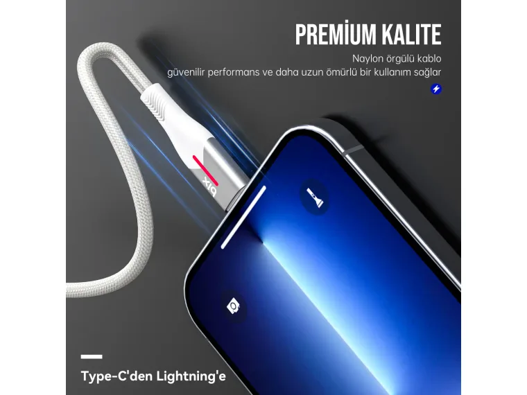 BX04CL Type-C to Lightning iPhone 27W Örgülü LED Işıklı — görsel 7