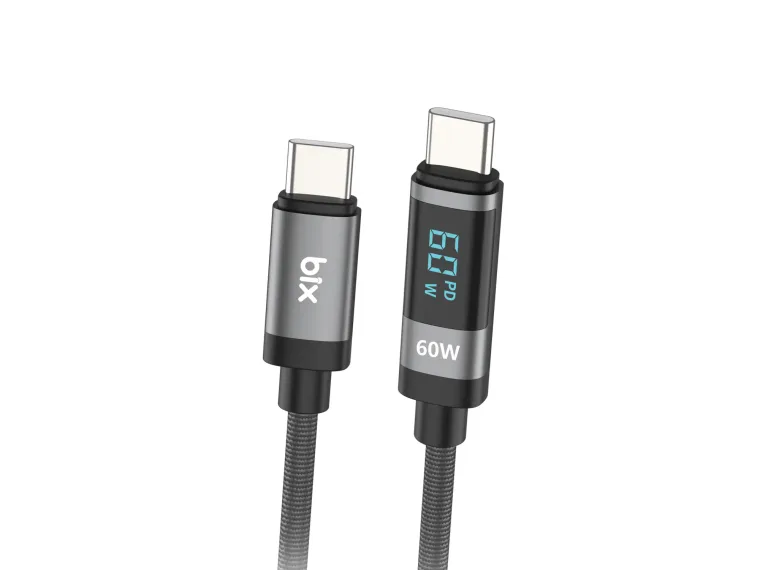 BX06CC Type-C to Type-C 60W Örgülü LED Dijital Ekranlı
