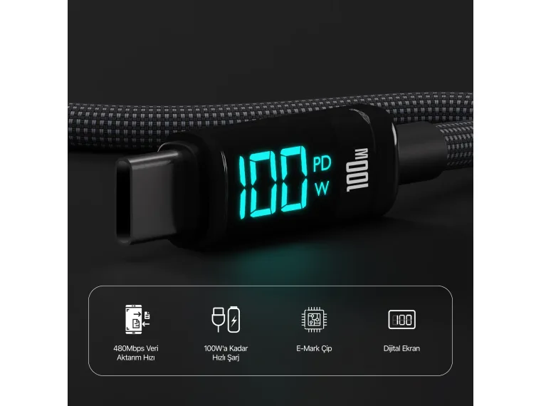 BX09CC Type-C to Type-C 100W 480Mbps E-Marker Çipli LED — görsel 3
