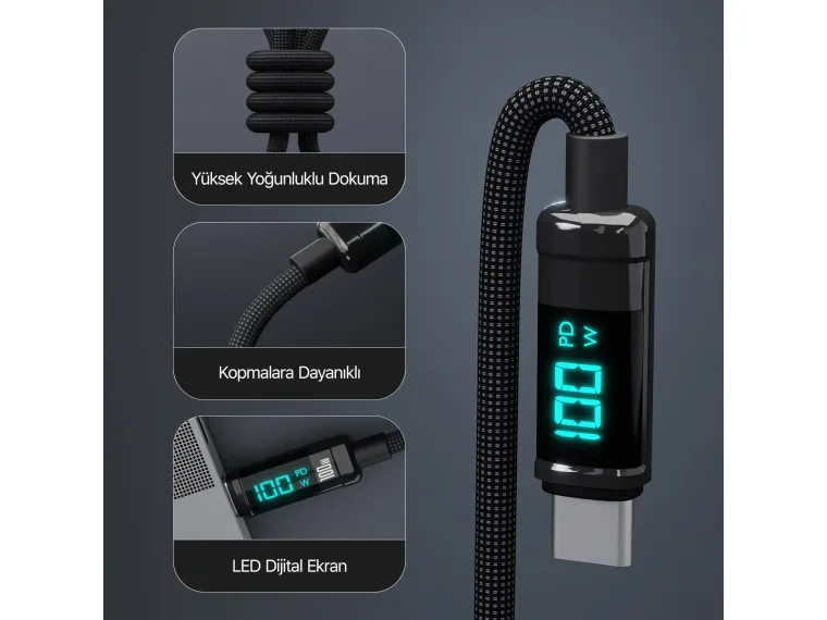 BX09CC Type-C to Type-C 100W 480Mbps E-Marker Çipli LED — görsel 5