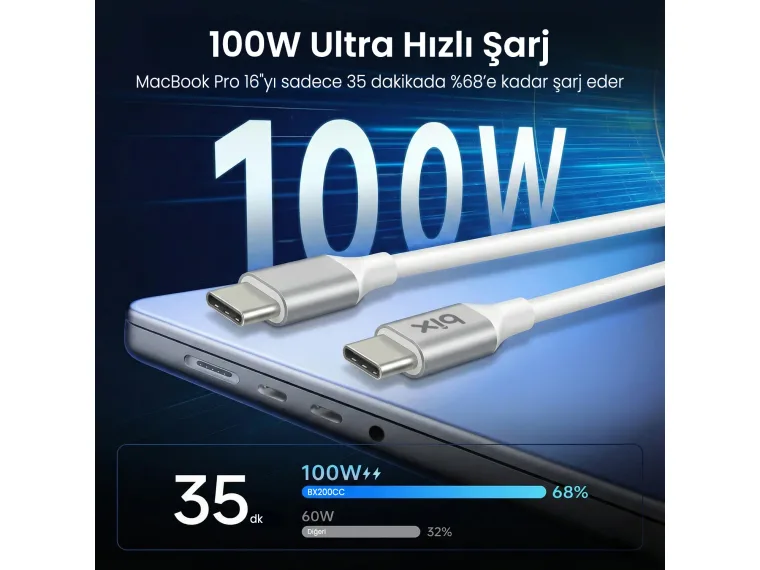 BX200CC 100W 5Gbps E-Mark Çipli Type-C to Type-C Yüksek — görsel 3