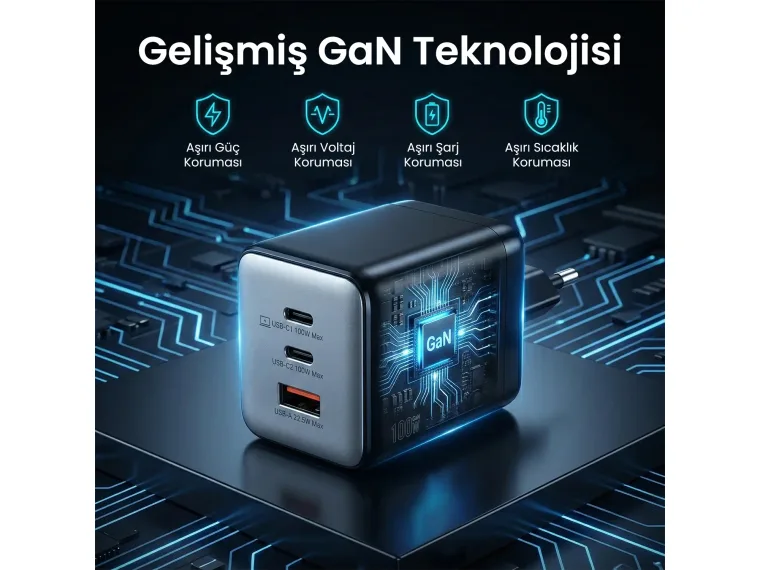 BX3P102G 100W 3 Portlu USB-C + USB-A GaN Şarj Aleti — görsel 5
