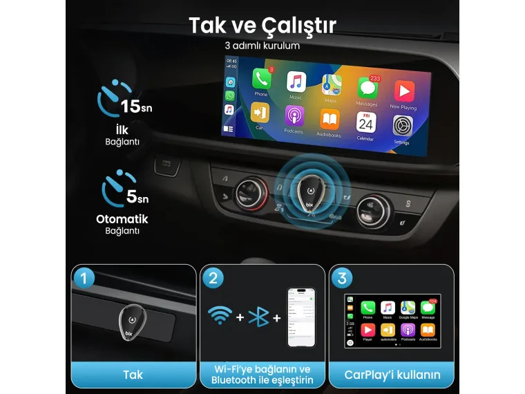 CB01 2.4G/5G WiFi CarPlay Android Auto Kabloludan — görsel 5