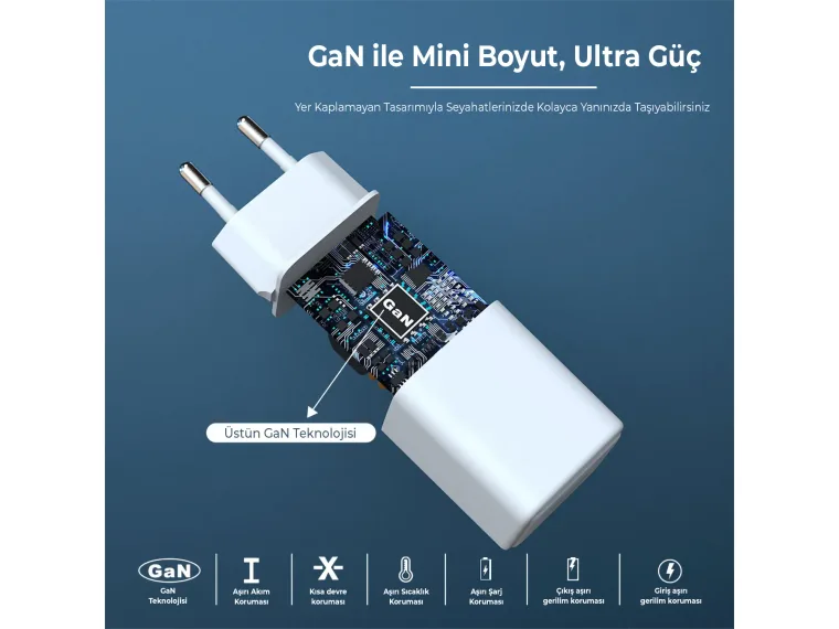 T2P25G GaN PD 25W Type-C ve USB-A QC 18W Çift Portlu — görsel 5